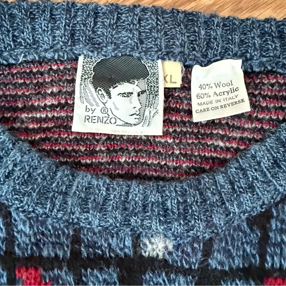Renzo Y2K Men's Blue and Red Geometric Patterned Wool Sweater XL Made in Italy‎